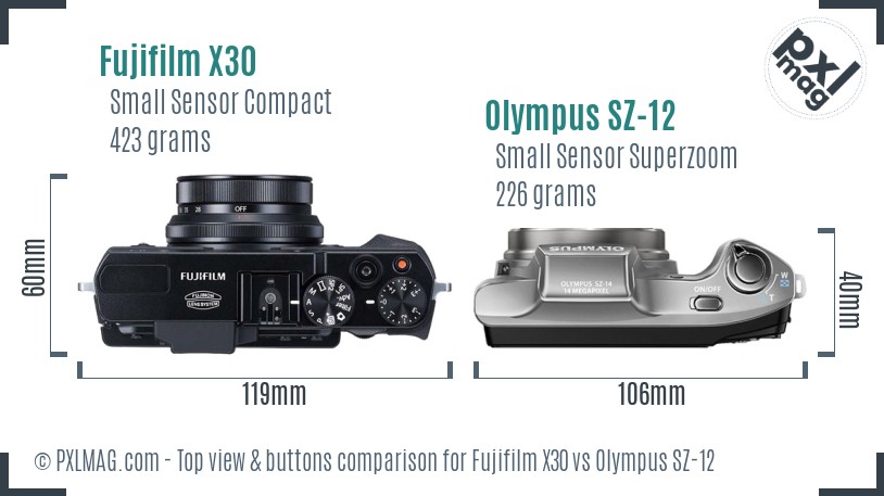 Fujifilm X30 vs Olympus SZ-12 top view buttons comparison