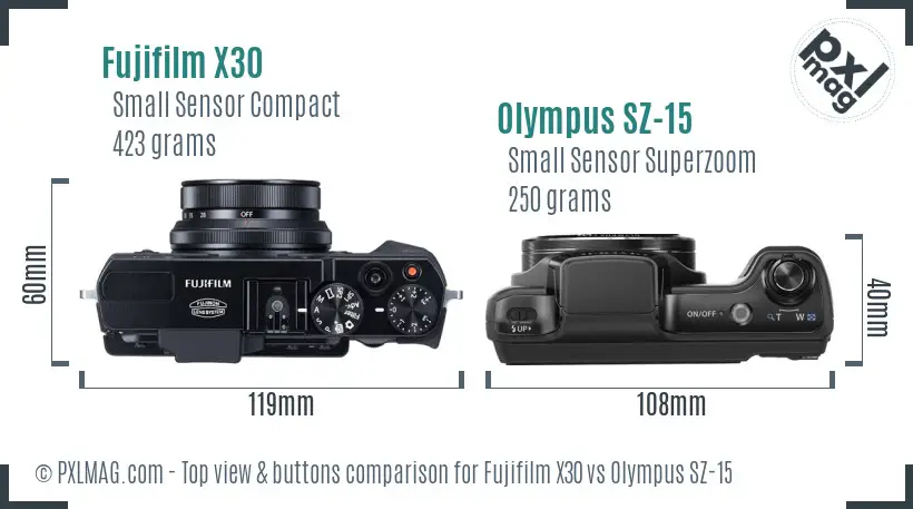 Fujifilm X30 vs Olympus SZ-15 top view buttons comparison