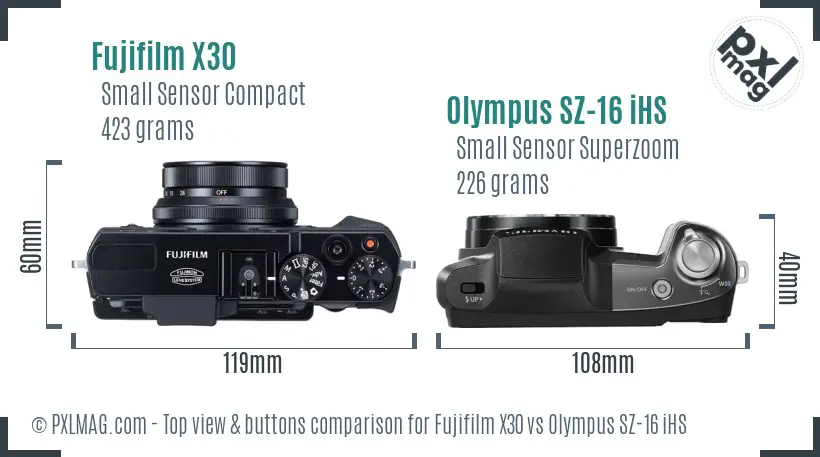 Fujifilm X30 vs Olympus SZ-16 iHS top view buttons comparison