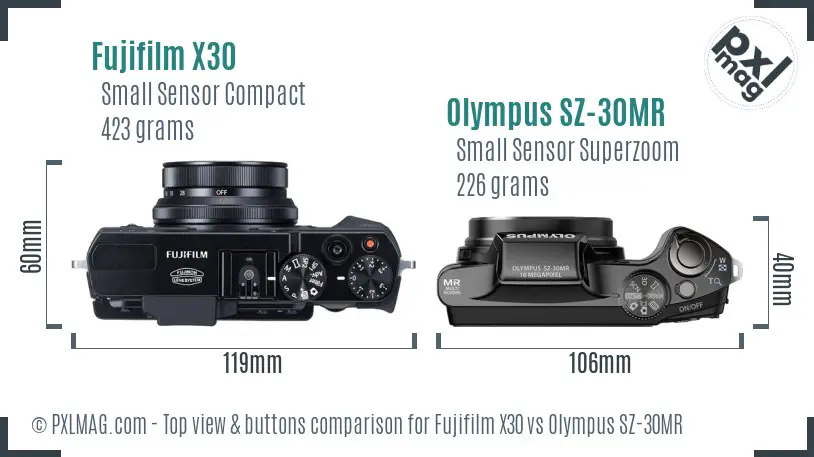 Fujifilm X30 vs Olympus SZ-30MR top view buttons comparison