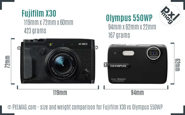 Fujifilm X30 vs Olympus 550WP size comparison