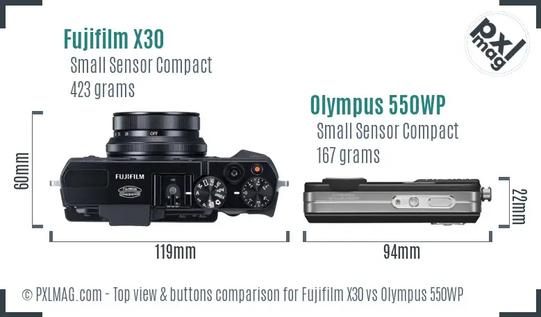 Fujifilm X30 vs Olympus 550WP top view buttons comparison