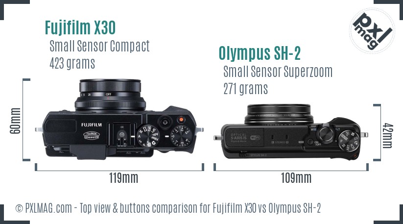 Fujifilm X30 vs Olympus SH-2 top view buttons comparison