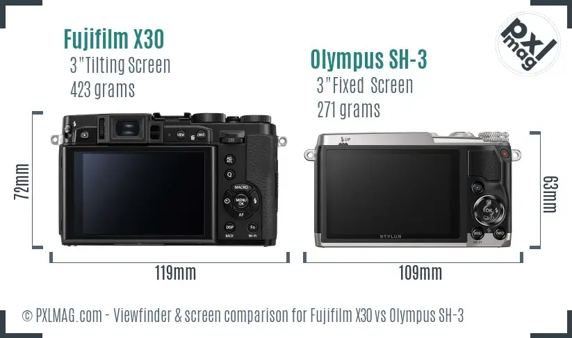 Fujifilm X30 vs Olympus SH-3 Screen and Viewfinder comparison