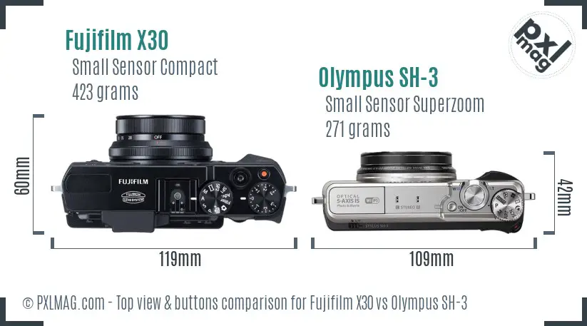 Fujifilm X30 vs Olympus SH-3 top view buttons comparison