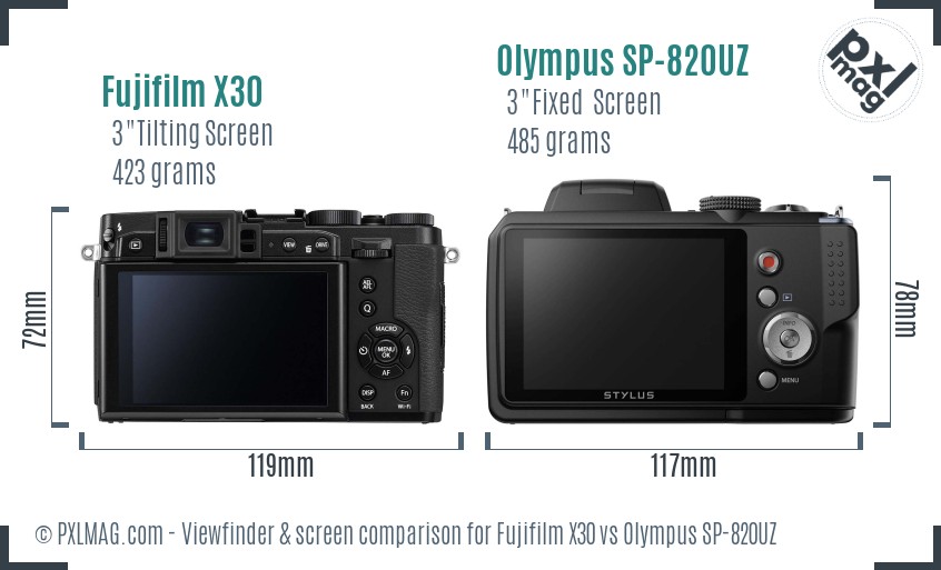 Fujifilm X30 vs Olympus SP-820UZ Screen and Viewfinder comparison