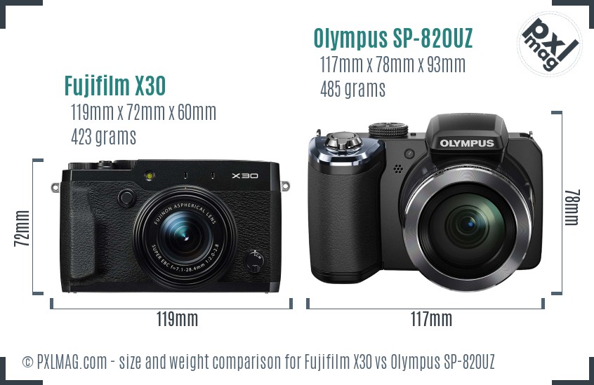 Fujifilm X30 vs Olympus SP-820UZ size comparison