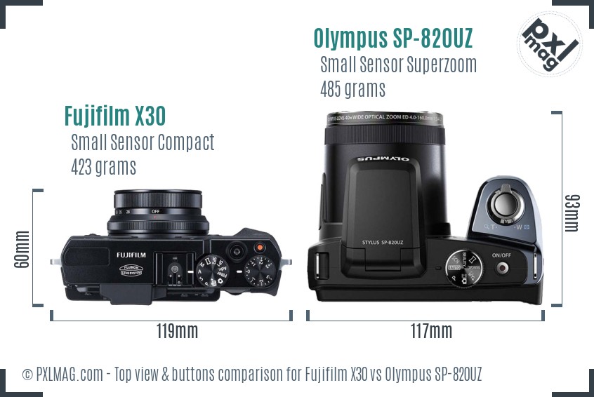 Fujifilm X30 vs Olympus SP-820UZ top view buttons comparison