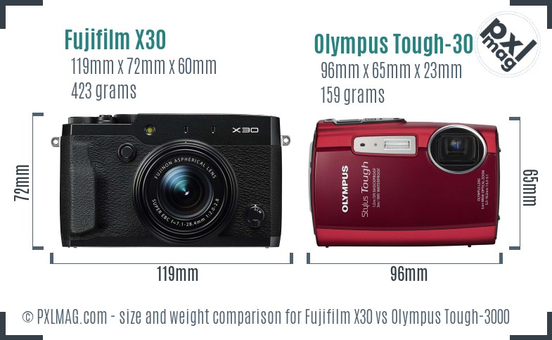 Fujifilm X30 vs Olympus Tough-3000 size comparison