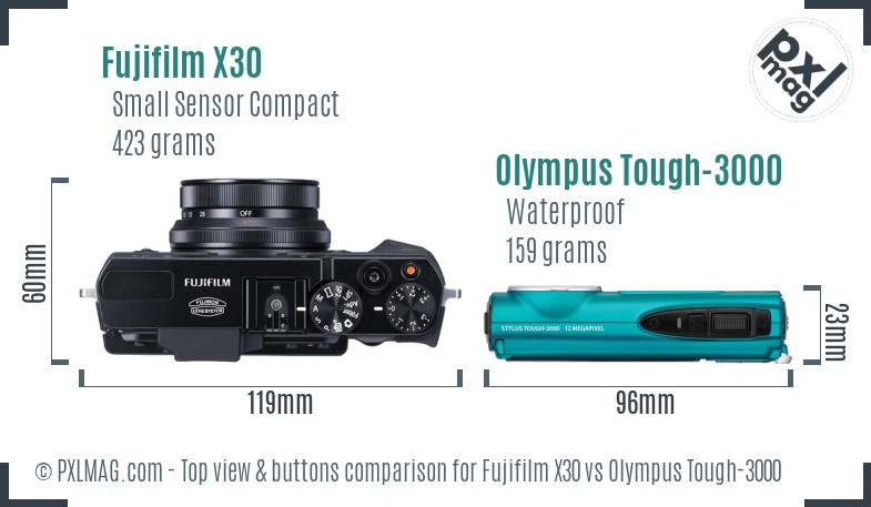 Fujifilm X30 vs Olympus Tough-3000 top view buttons comparison