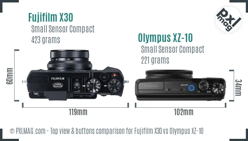 Fujifilm X30 vs Olympus XZ-10 top view buttons comparison