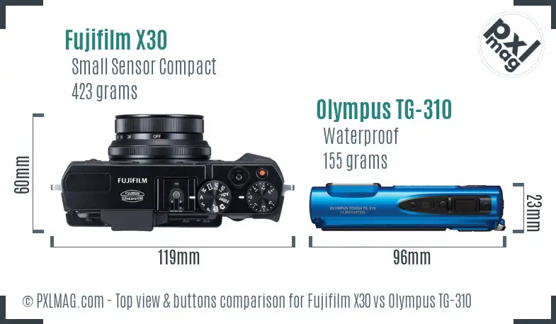 Fujifilm X30 vs Olympus TG-310 top view buttons comparison