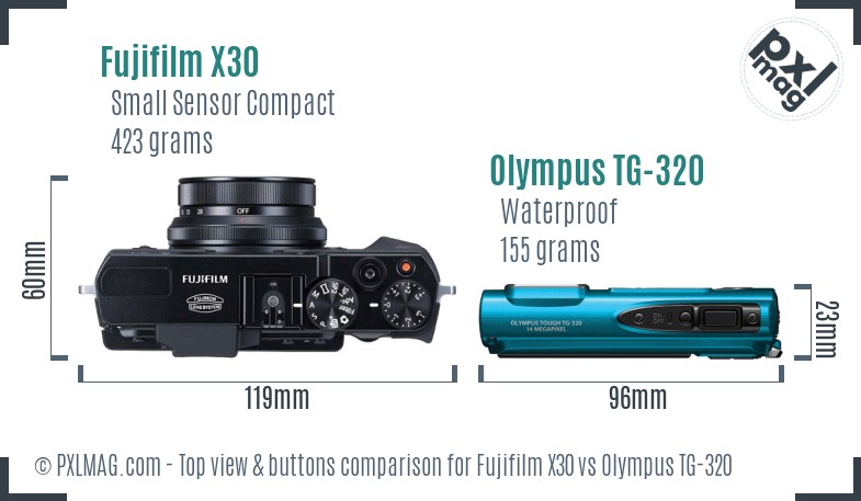 Fujifilm X30 vs Olympus TG-320 top view buttons comparison