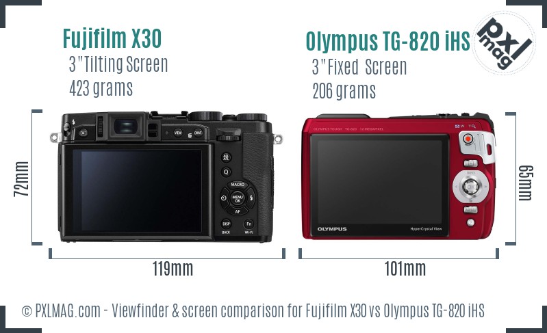 Fujifilm X30 vs Olympus TG-820 iHS Screen and Viewfinder comparison