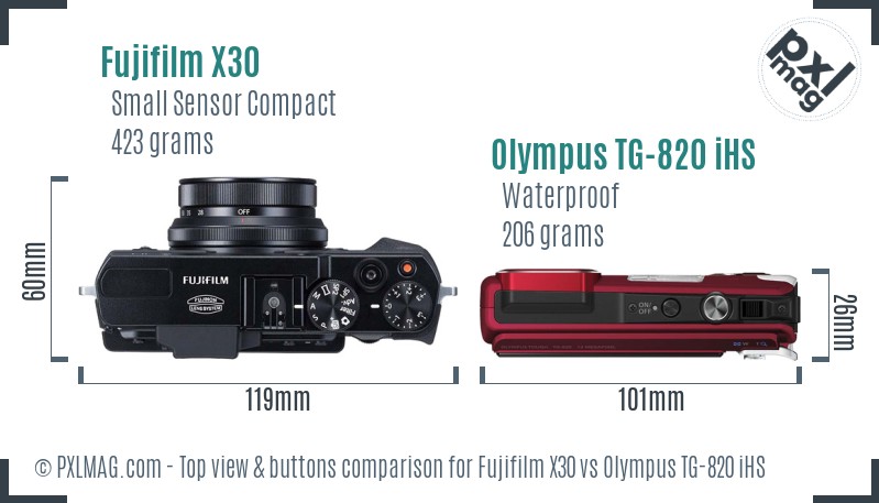 Fujifilm X30 vs Olympus TG-820 iHS top view buttons comparison