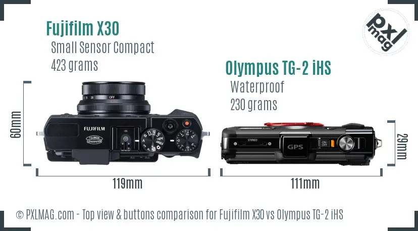 Fujifilm X30 vs Olympus TG-2 iHS top view buttons comparison