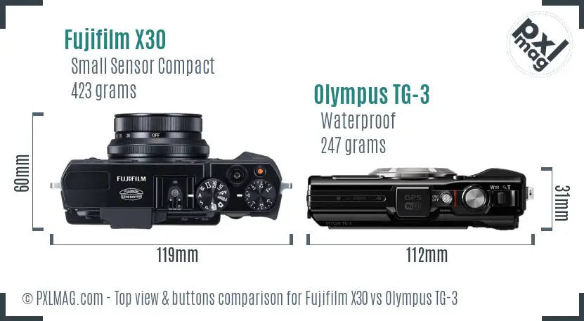 Fujifilm X30 vs Olympus TG-3 top view buttons comparison