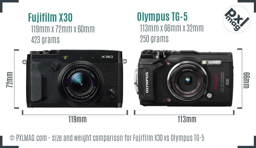 Size and ergonomics comparison between the Fujifilm X30 and Olympus TG-5