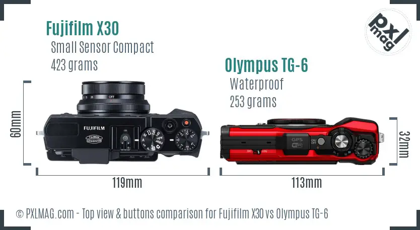 Fujifilm X30 vs Olympus TG-6 top view buttons comparison Fujifilm X30 vs Olympus TG-6 top view buttons comparison