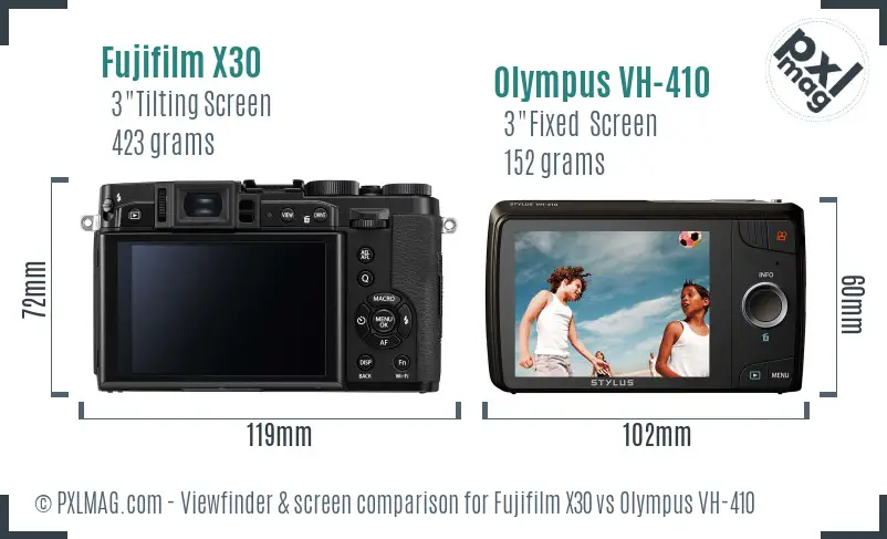 Fujifilm X30 vs Olympus VH-410 Screen and Viewfinder comparison