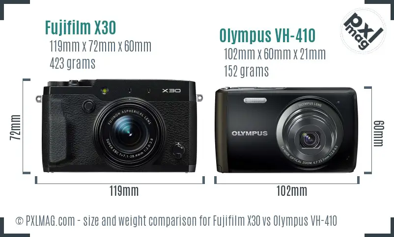 Fujifilm X30 vs Olympus VH-410 size comparison