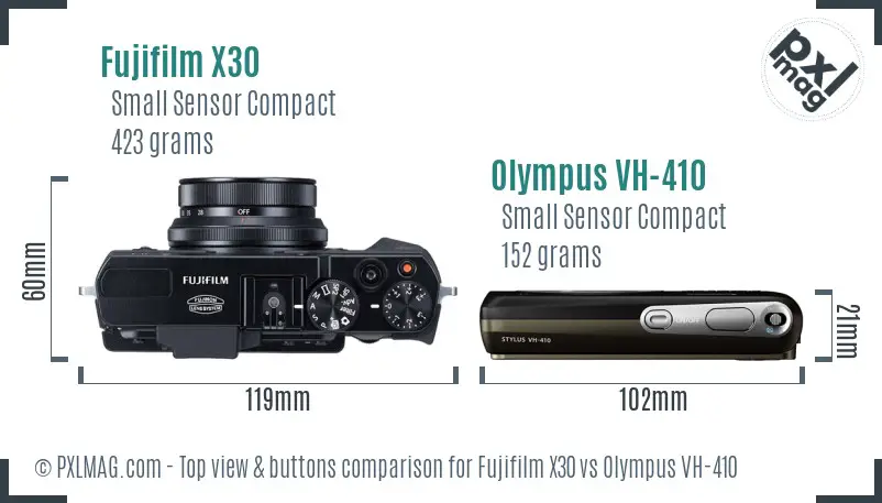Fujifilm X30 vs Olympus VH-410 top view buttons comparison