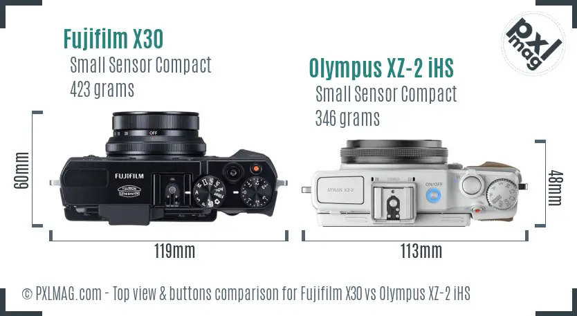 Fujifilm X30 vs Olympus XZ-2 iHS top view buttons comparison