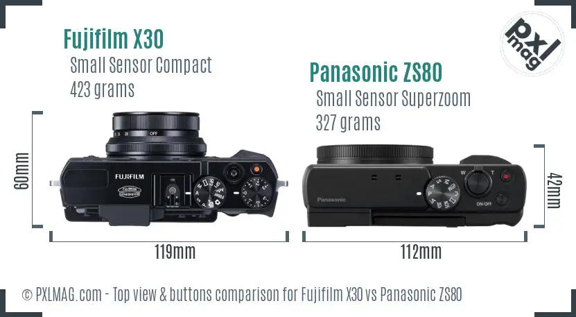 Fujifilm X30 vs Panasonic ZS80 top view buttons comparison Fujifilm X30 vs Panasonic ZS80 top view buttons comparison