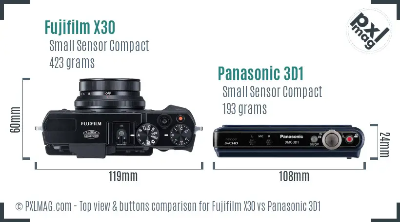 Fujifilm X30 vs Panasonic 3D1 top view buttons comparison