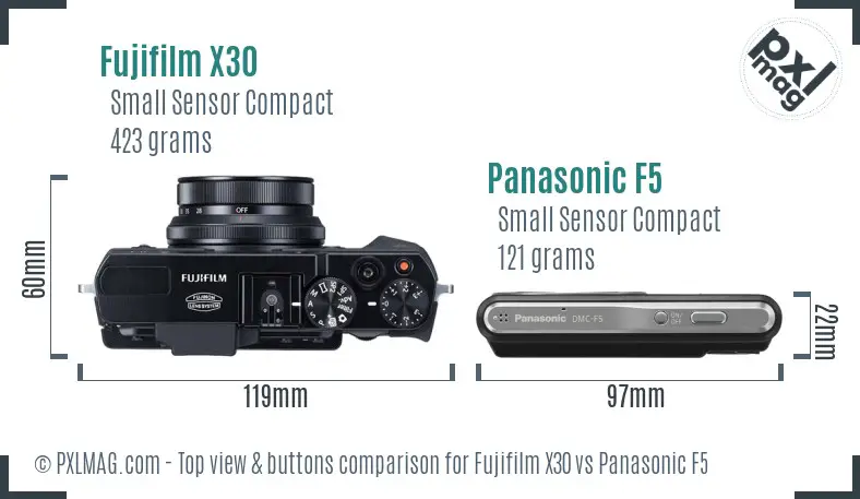 Fujifilm X30 vs Panasonic F5 top view buttons comparison