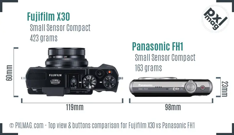 Fujifilm X30 vs Panasonic FH1 top view buttons comparison