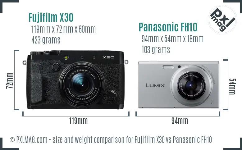 Fujifilm X30 vs Panasonic FH10 size comparison