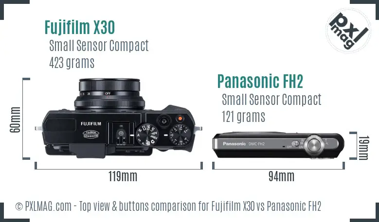 Fujifilm X30 vs Panasonic FH2 top view buttons comparison