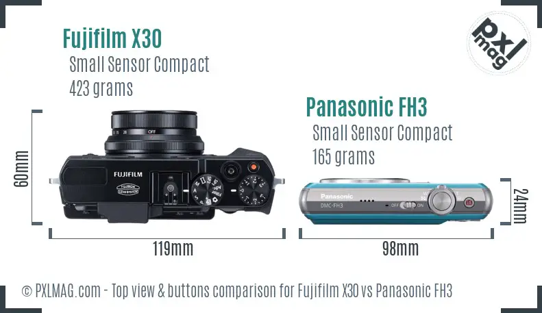 Fujifilm X30 vs Panasonic FH3 top view buttons comparison