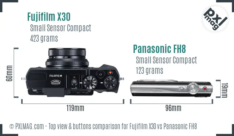 Fujifilm X30 vs Panasonic FH8 top view buttons comparison