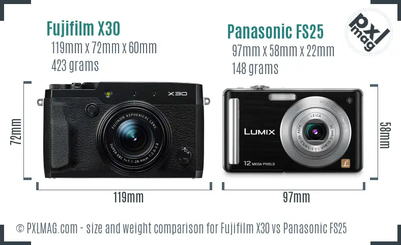 Fujifilm X30 vs Panasonic FS25 size comparison