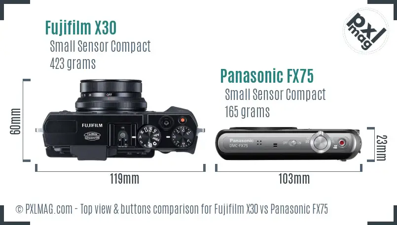 Fujifilm X30 vs Panasonic FX75 top view buttons comparison