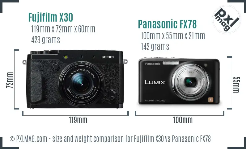 Fujifilm X30 vs Panasonic FX78 size comparison
