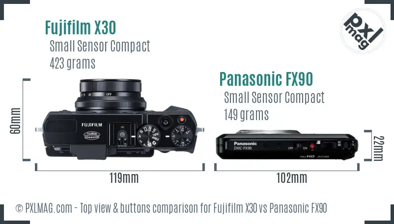 Fujifilm X30 vs Panasonic FX90 top view buttons comparison