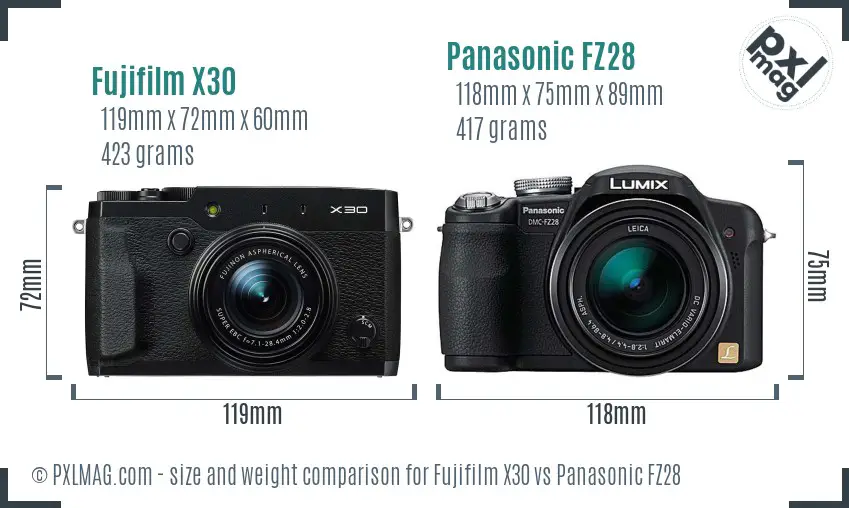 Fujifilm X30 vs Panasonic FZ28 size comparison Fujifilm X30 vs Panasonic FZ28 size comparison