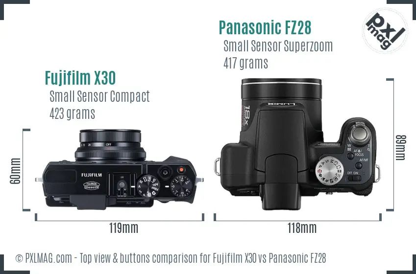 Fujifilm X30 vs Panasonic FZ28 top view buttons comparison Fujifilm X30 vs Panasonic FZ28 top view buttons comparison