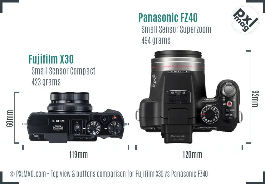 Fujifilm X30 vs Panasonic FZ40 top view buttons comparison