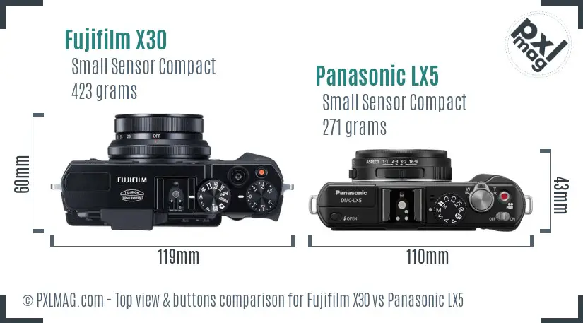 Fujifilm X30 vs Panasonic LX5 top view buttons comparison