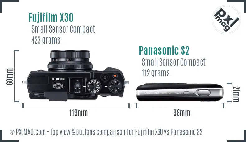 Fujifilm X30 vs Panasonic S2 top view buttons comparison