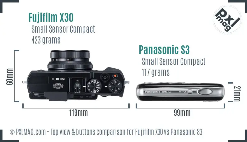 Fujifilm X30 vs Panasonic S3 top view buttons comparison