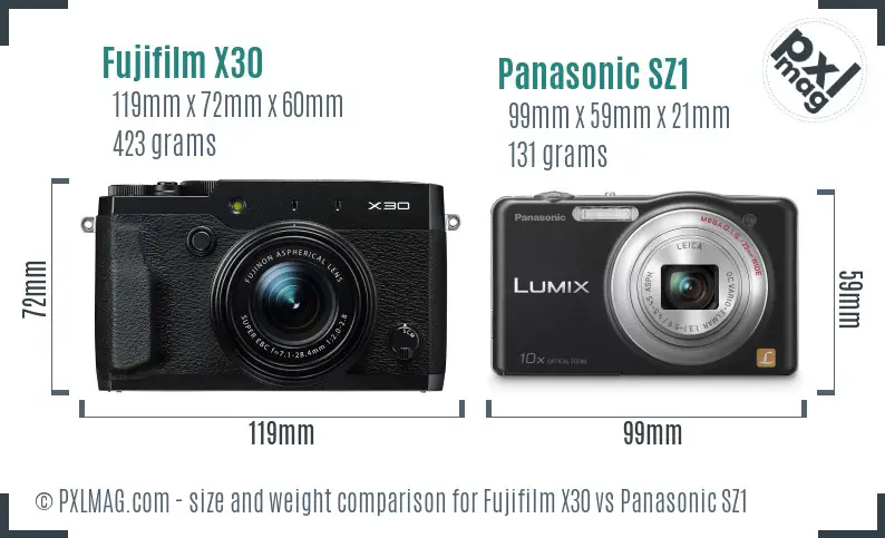 Fujifilm X30 vs Panasonic SZ1 size comparison