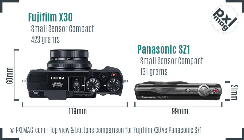 Fujifilm X30 vs Panasonic SZ1 top view buttons comparison