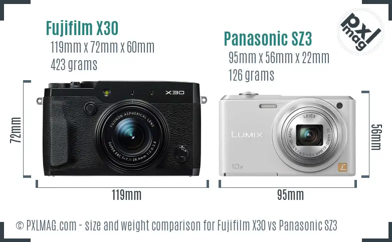 Fujifilm X30 vs Panasonic SZ3 size comparison