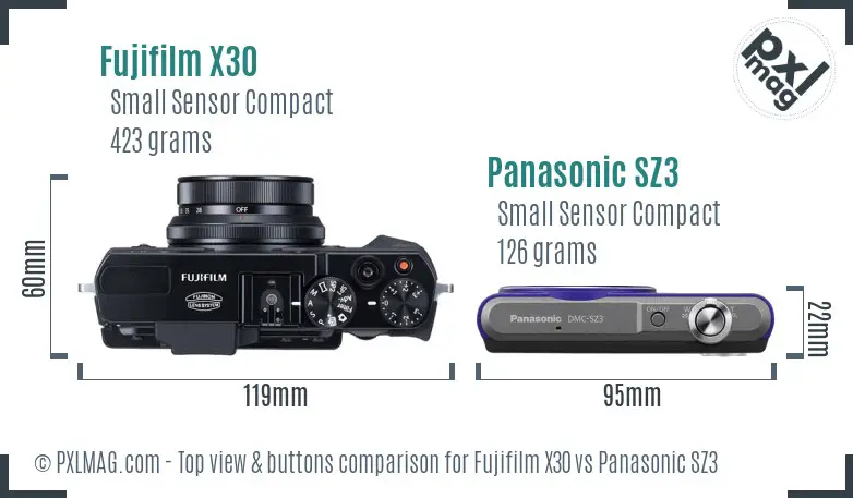 Fujifilm X30 vs Panasonic SZ3 top view buttons comparison