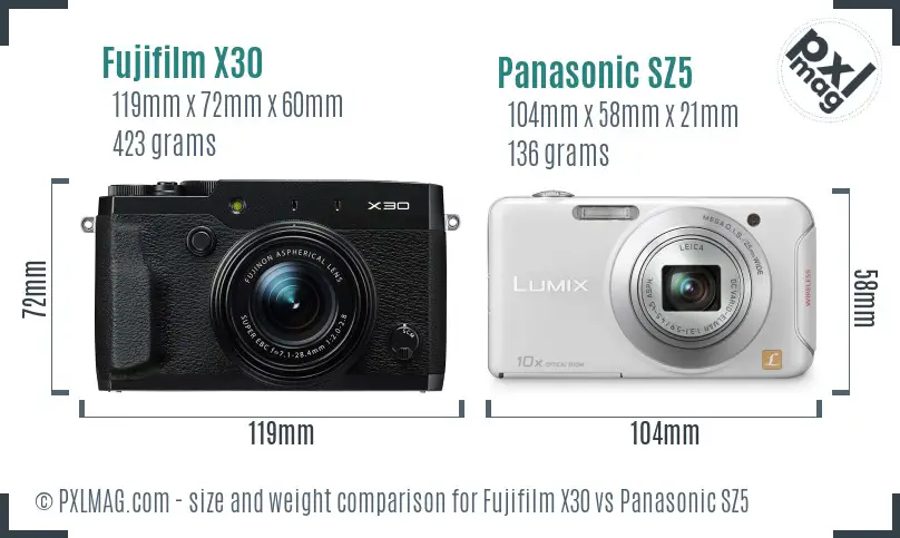Fujifilm X30 vs Panasonic SZ5 size comparison